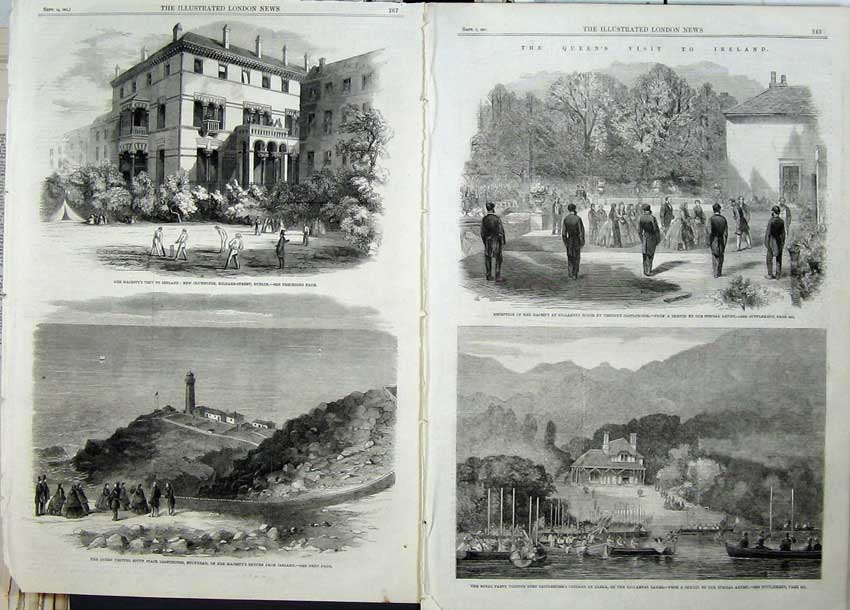 Old Antique Print 1861 Queen Ireland Stack Lighthouse Castlerosse Glena 19th