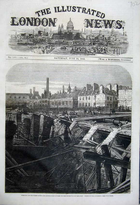 Old Antique Print 1862 Bursting Fleet Ditch Metroploitan Railway Accident 19th