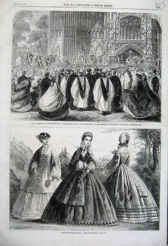 Old Antique Print 1862 Paris Fashion Choral Festival Peterborough Choirs 19th