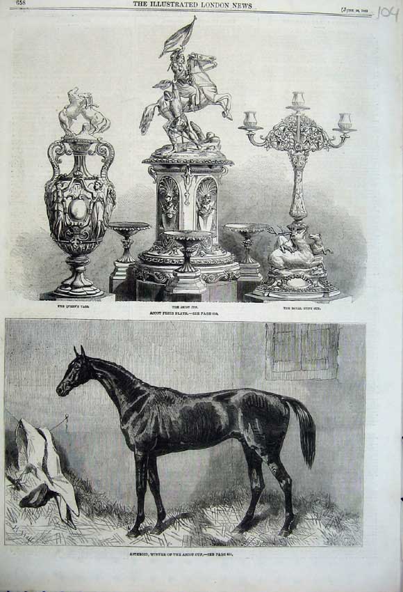 Original Old Antique Print Ascot Prize Cup Vase Hunt 1862 Horse Racing Asteroid
