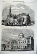 Old Antique Print 1862 Church Sepulchre Northampton Oriental Baths London 19th