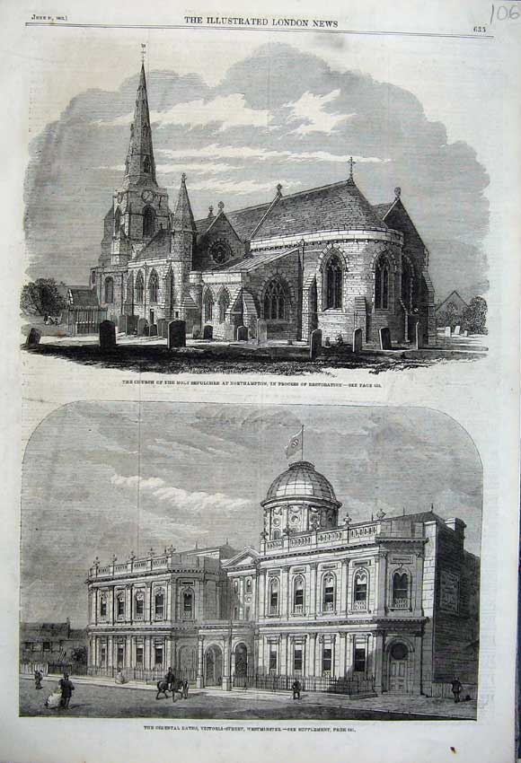 Old Antique Print 1862 Church Sepulchre Northampton Oriental Baths London 19th