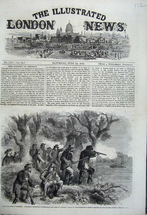 Old Antique Print 1862 Civil War America Thomson Guerrillas Shooting Boat 19th