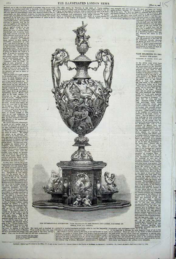 Old Antique Print 1862 International Exhibition Vase Queen Hunt Roskell 19th