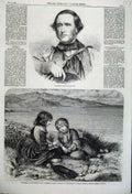 Original Old Antique Print Professor Bennett 1862 Children Coast Lake Mountains