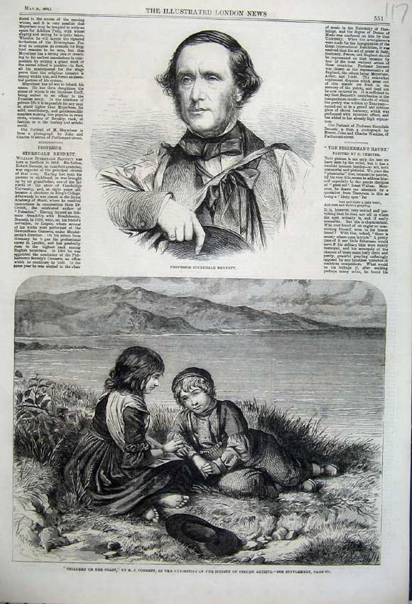 Original Old Antique Print Professor Bennett 1862 Children Coast Lake Mountains