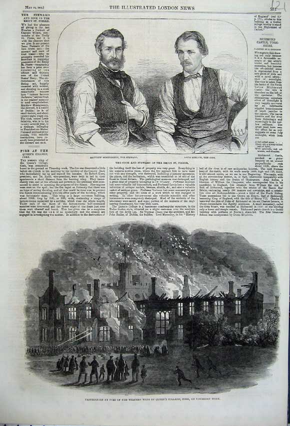 Old Antique Print Fire Queen'S College Cork 1862 Montgomery Shelvin Emily 19th