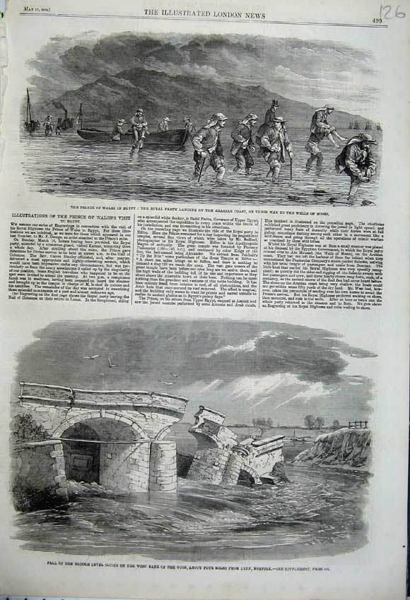 Original Old Antique Print 1862 Bridge Collapse Ouse Norfolk Prince Wales Egypt
