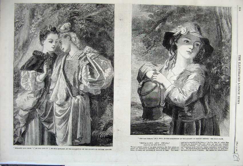 Original Old Antique Print 1862 Rosalind Celia Girl Day Dreaming Miss Edwards