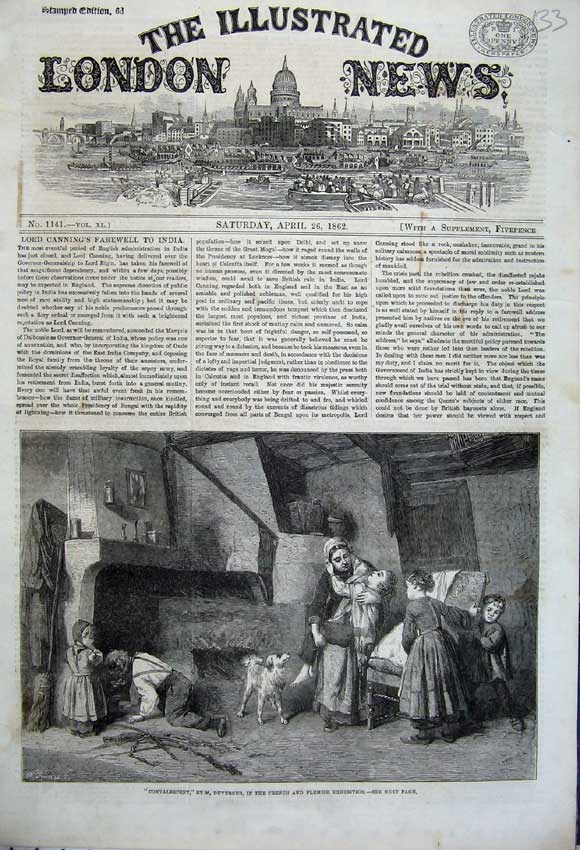 Original Old Antique Print 1862 Convalescent Sick Children Fire-Side Dog French