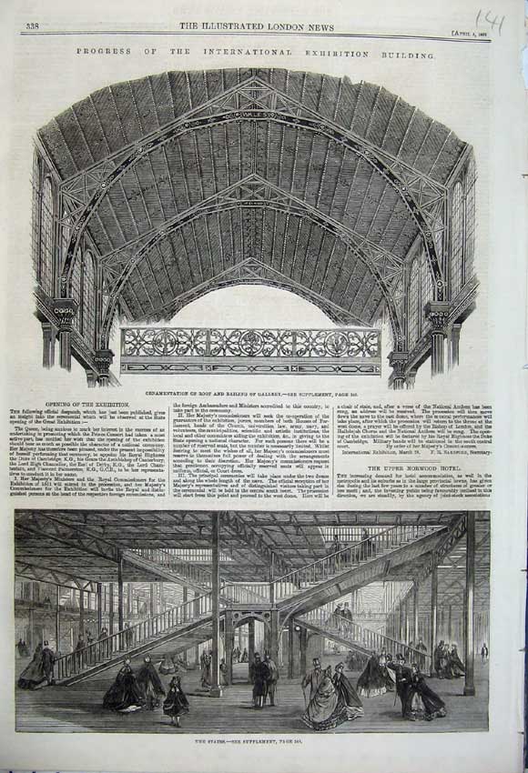 Original Old Antique Print 1862 Exhibition Building Stairs Ornamentation Ro 19th
