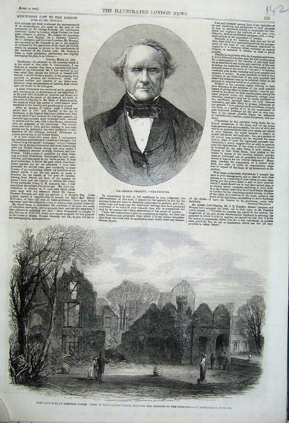 Old Antique Print 1862 George Peabody Fire Campden House Garden Theatre 19th