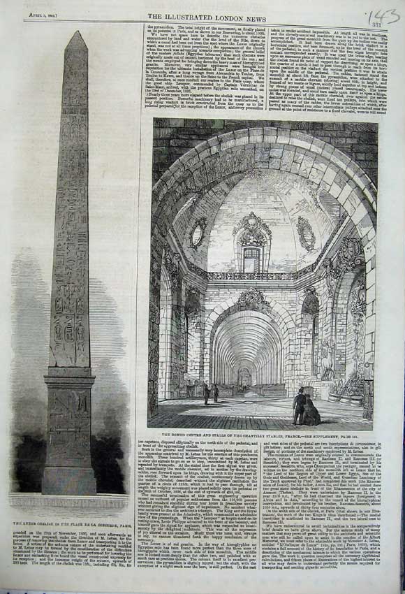 Original Old Antique Print 1862 Luxor Obelisk Concorde Paris Chantilly Stables