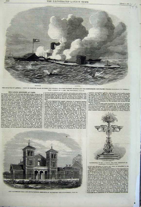 Original Old Antique Print Protestant Sunday School Waterford 1862 Merrimac War