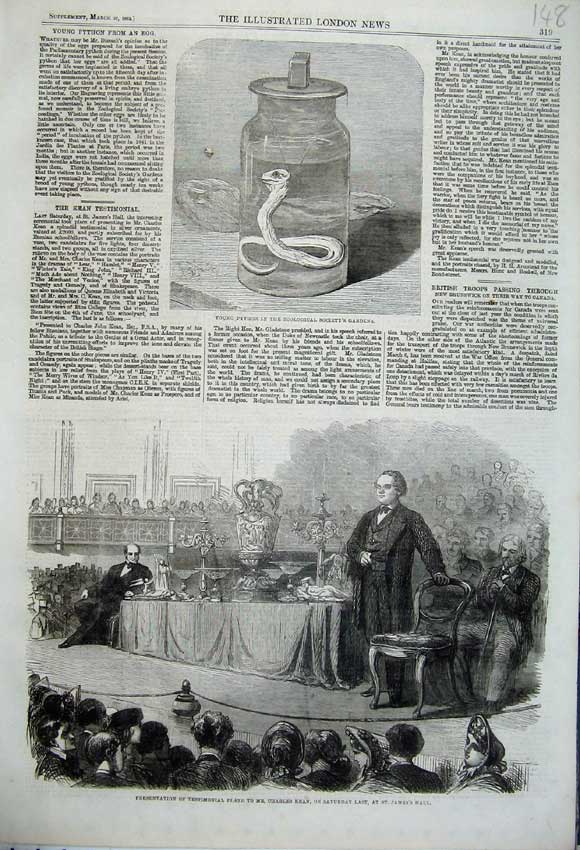 Original Old Antique Print 1862 Python Snake Zoological Charles Kean James Hall