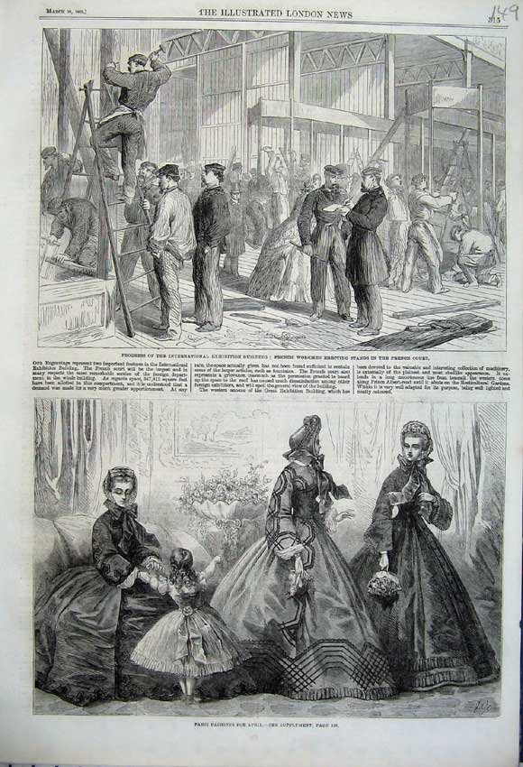 Old Antique Print 1862 Paris Fashion Dress French Men Exhibition Building 19th