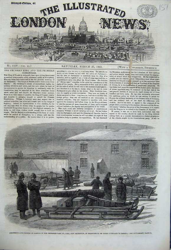 Original Old Antique Print 1862 Armstrong Guns Sleigh Brunswick Canada Weapons
