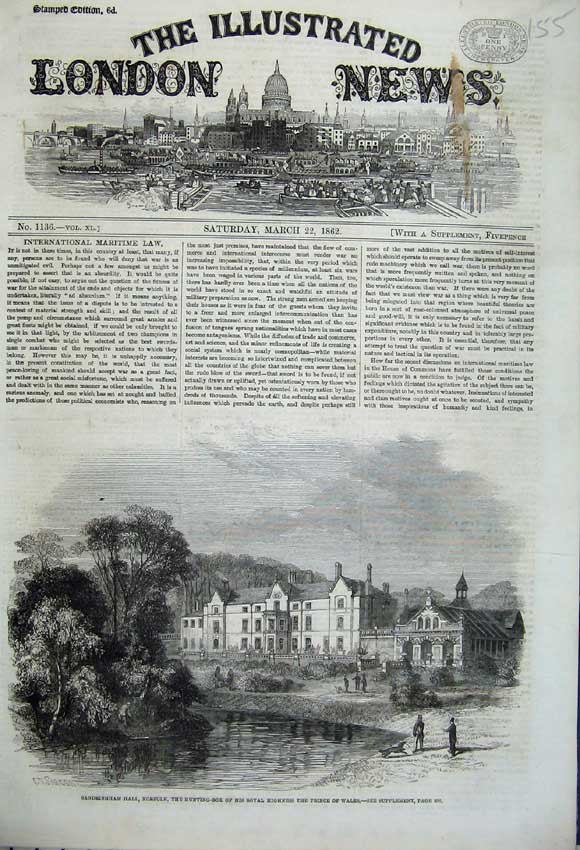 Old Antique Print 1862 Sandringham Hall Norfolk Hunting Prince Wales Lake 19th
