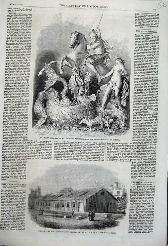 Old Antique Print 1862 Drill Shed Burlington Gardens Fountain Witley Earl 19th