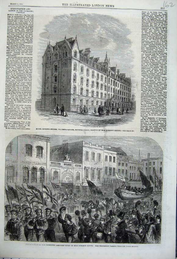 Original Old Antique Print Lodging Houses Bethnal Green 1862 Plymouth Life Boat