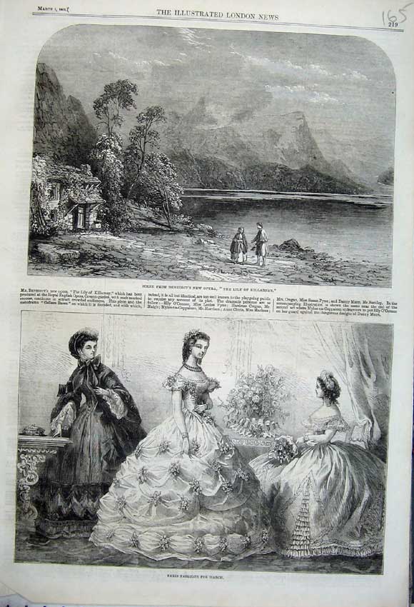 Old Antique Print Paris Fashion 1862 Benedict Opera Lily Killarney Hills 19th