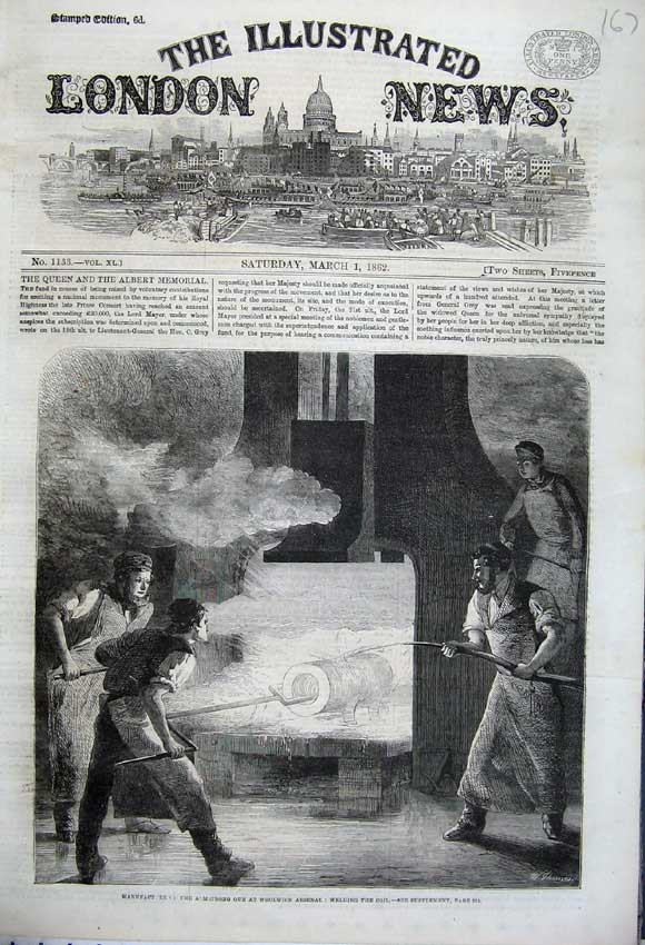 Original Old Antique Print 1862 Manufacture Armstrong Gun Woolwich Arsenal Coil