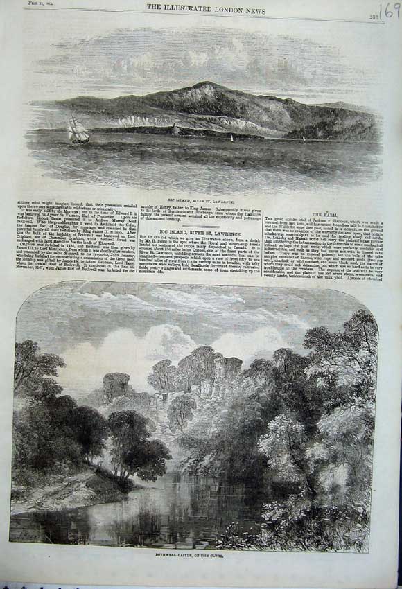 Original Old Antique Print Bic Island River Lawrence 1862 Bothwell Castle Clyde