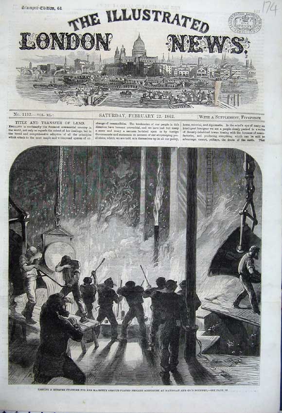Old Antique Print 1862 Casting Cylinder Frigate Ship Agincourt Maudslay 19th