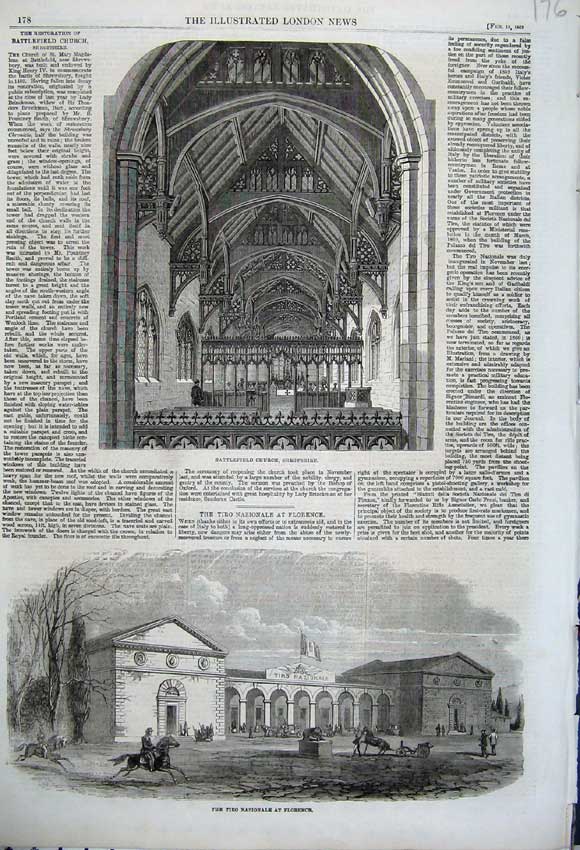 Old Antique Print 1862 Battlefield Church Shropshire Florence Nazionale 19th