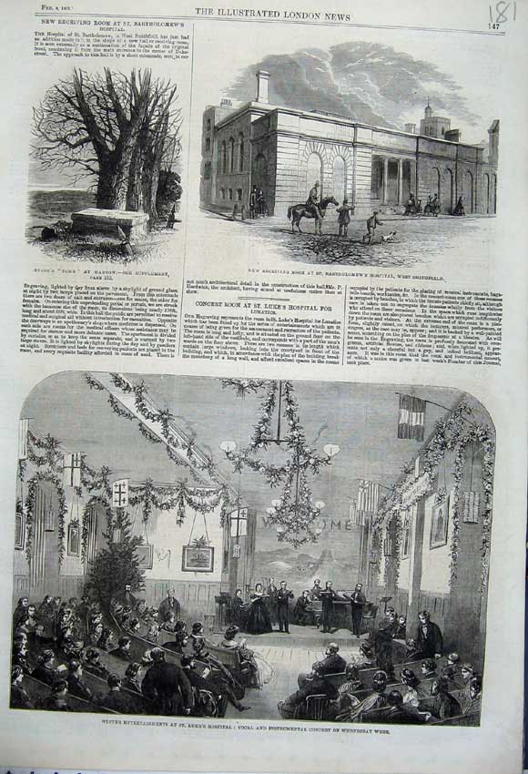 Original Old Antique Print 1862 St Luke Hospital Vocal Music Concert Byron Tomb