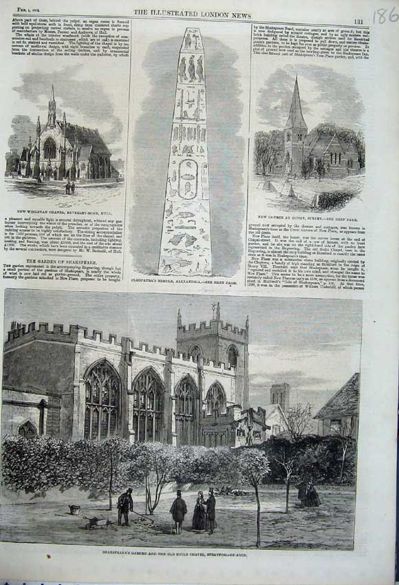 Rare Old Orginal Antique Print Shakespeare Garden Guild Chapel 1862 Cleopatr