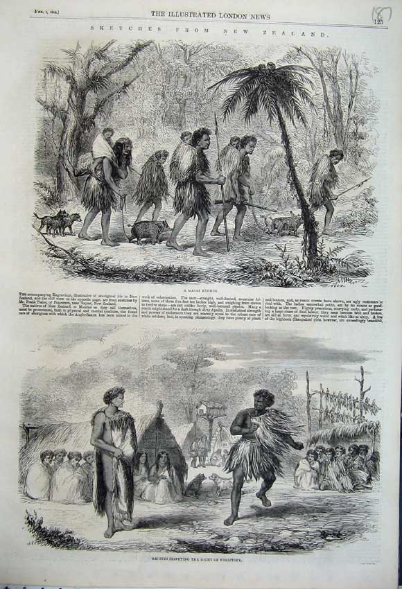 Original Old Antique Print New Zealand 1862 Maories Disputing Territory Exodus