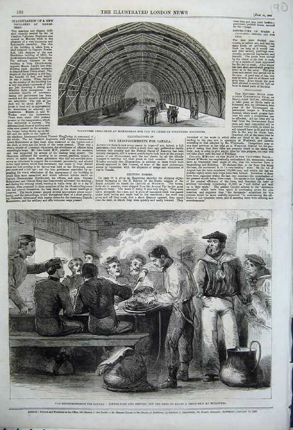 Old Antique Print 1862 Canada Dinner Food Troop Ship Woolwich Drill Shed 19th