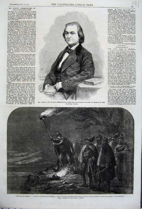 Original Old Antique Print 1862 Yancey War America Federal Camp Potomac Flame