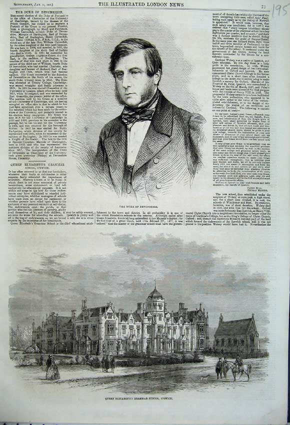 Antique Old Print *0155 1862 Duke Devonshire Queen Elizabeth Grammar School