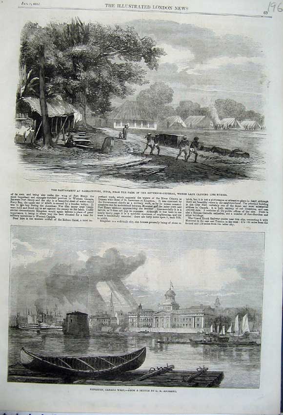 Original Old Antique Print 1862 Kingston Canada Cantonment Barrackpore India