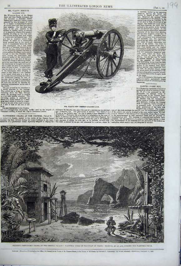 Old Antique Print 1862 Clay Breech-Loading Gun Crystal Palace Pantomime 19th