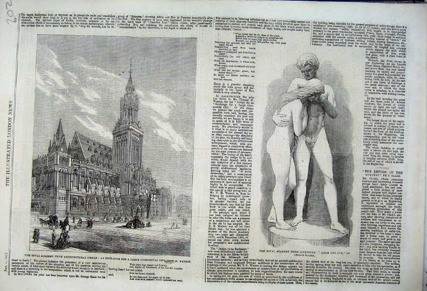 Original Old Antique Print 1862 Adam Eve Sculpture Slater Architecture Building