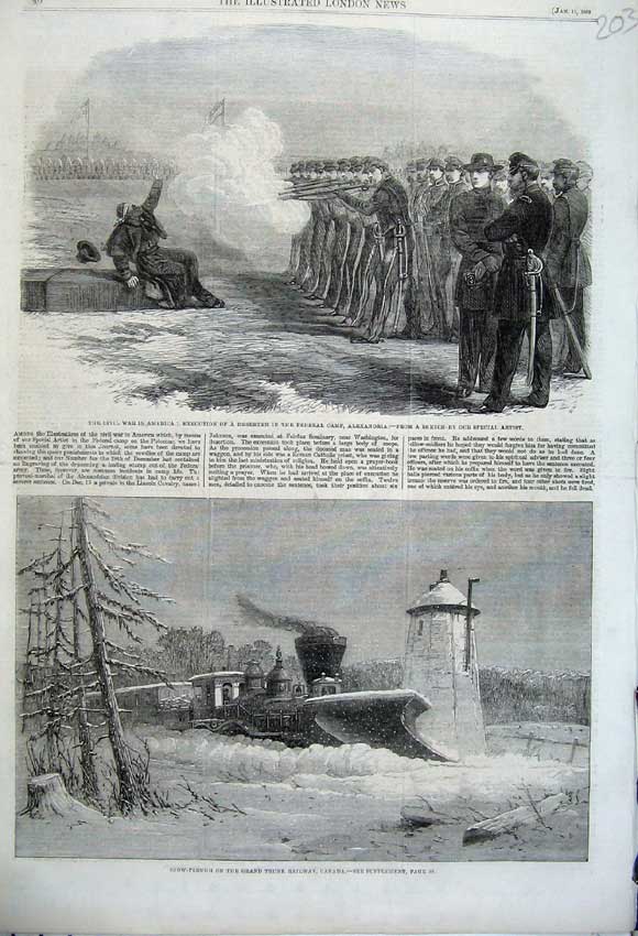 Old Antique Print 1862 Snow Plough Railway Canada War America Excecution 19th