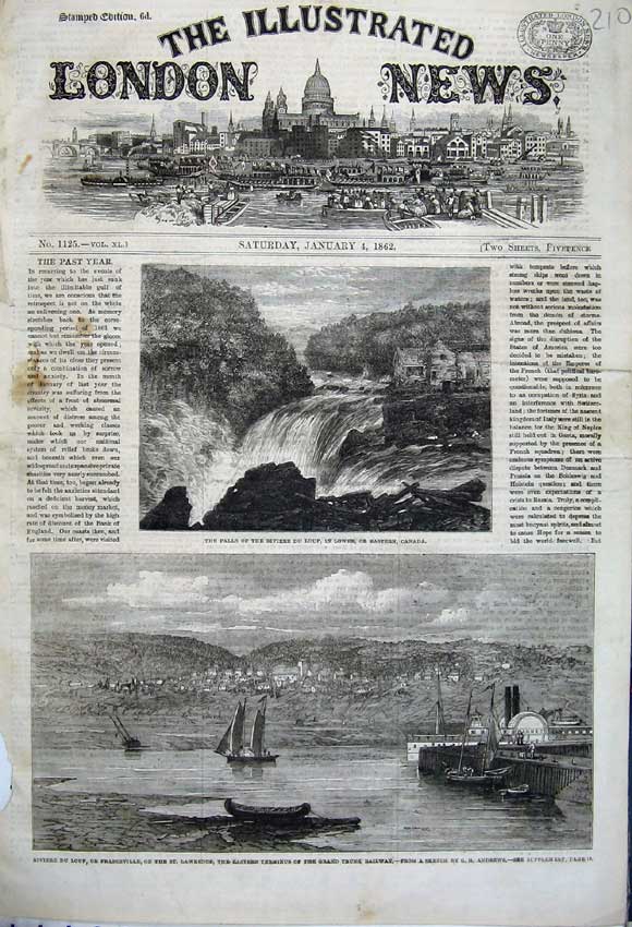 Old Antique Print 1862 Falls Riviere Loup Canada River Railway Terminus 19th
