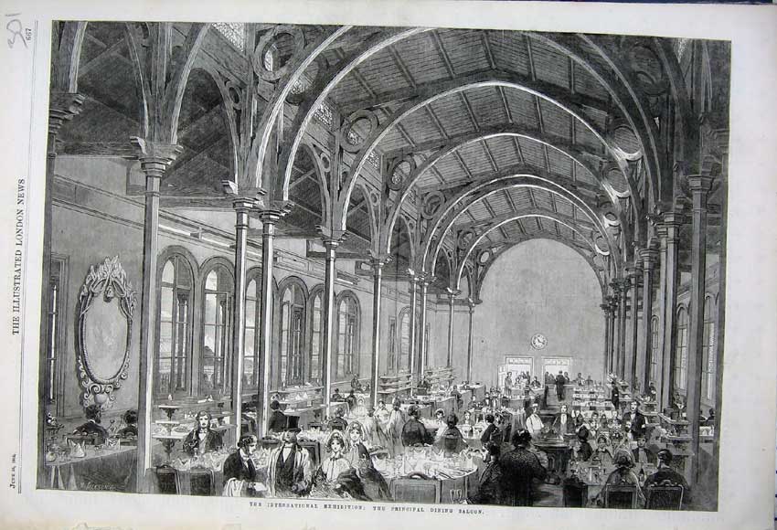 Old Antique Print 1862 International Exhibition Principal Dining Saloon 19th