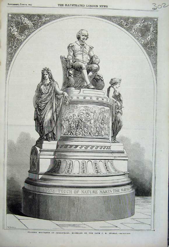 Original Old Antique Print 1862 Plaster Monument Shakespeare Modelled Thomas