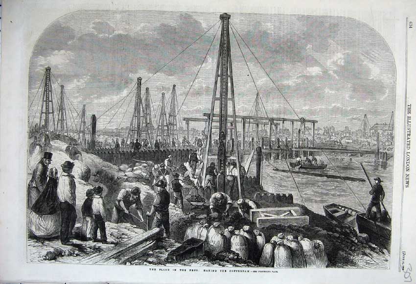 Old Antique Print 1862 Flood Fens Making Cofferdam River Boats Machinery 19th