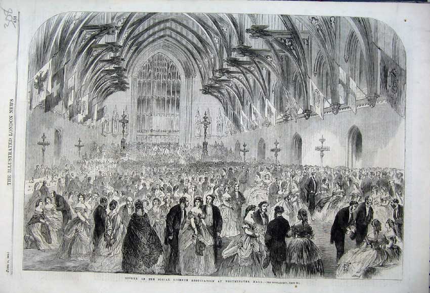 Old Antique Print 1862 Soiree Social Science Association Westminster Hall 19th