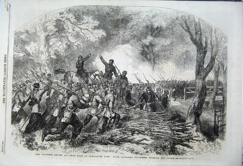 Old Antique Print 1862 Volunteer Review Sham Fight Panshanger Park Bridge 19th