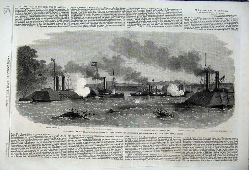 Old Antique Print 1862 Fort Pillow Mississippi River Gun-Boats Van Dorn 19th