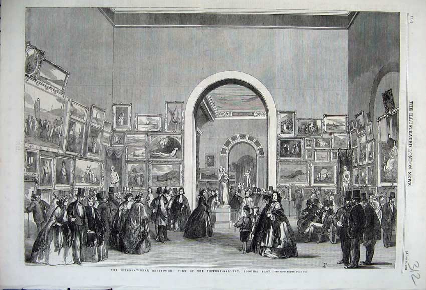 Old Antique Print 1862 Picture-Gallery International Exhibition Paintings 19th