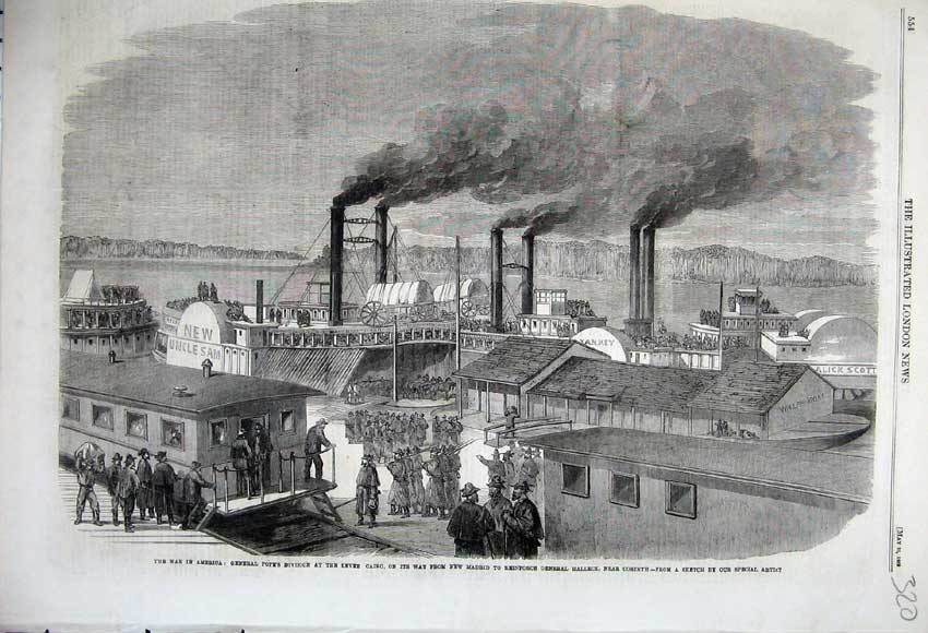 Old Antique Print 1862 War America General Pope Levee Cairo Madrid Ship 19th