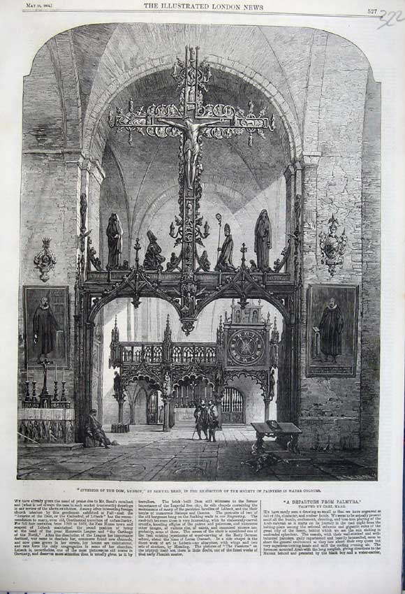 Original Old Antique Print Interior Dom Lubeck Samuel Head Water Colours 1862
