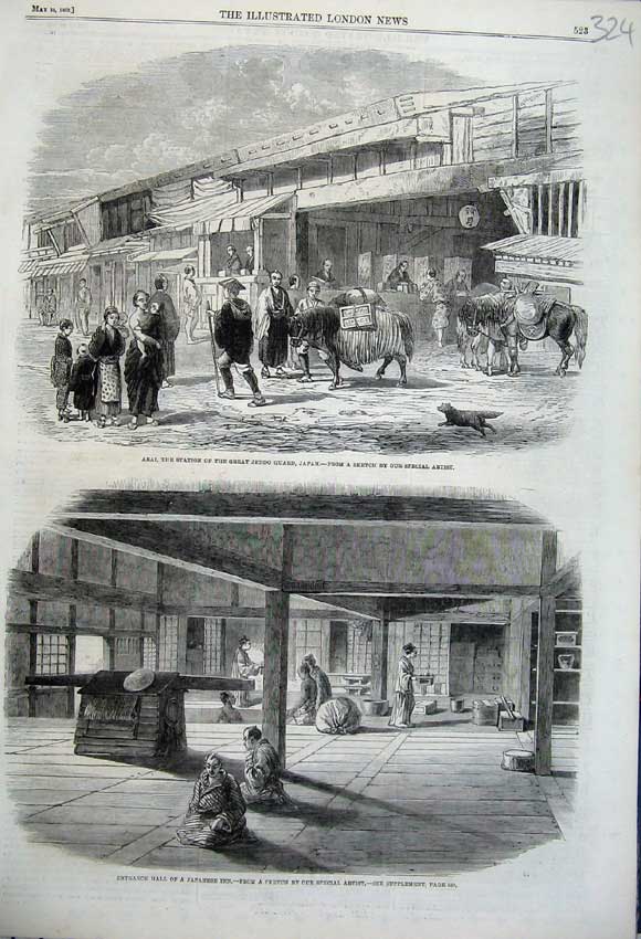 Original Old Antique Print 1862 Japanese Inn Entrance Arai Station Jeddo Japan